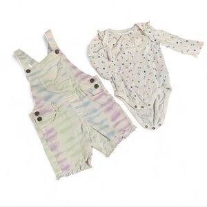 Tie-Dye Pastel Short Overalls + Heart Print Long Sleeve Bodysuit